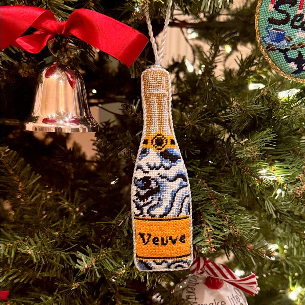 Hand-Stitched Needlepoint Ornament - Chinoiserie Veuve Bottle